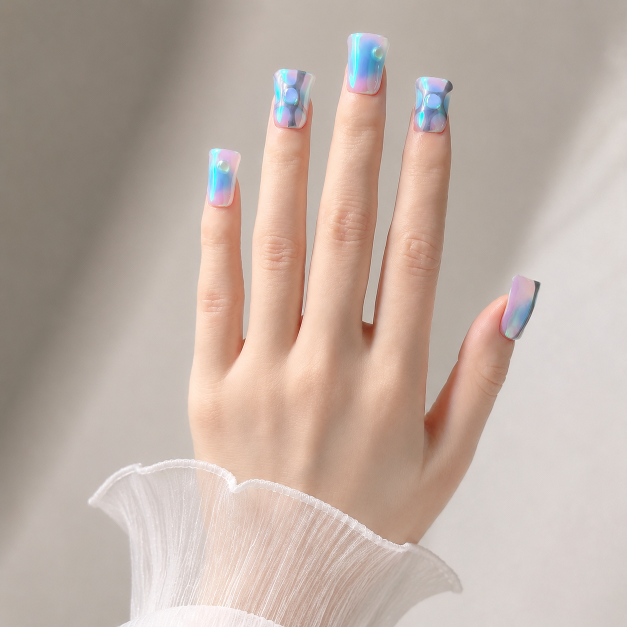 Handmade short duckbil aurora nails Y2K iridescent blue pink chrome futuristic 3D gel fake nails-Blue Prism A045