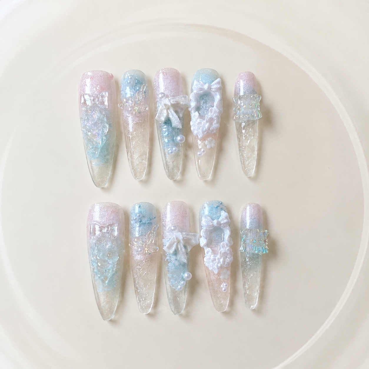 Handmade pastel blue pink glitter floral press on nails long stiletto 3D bow nail set-Ice Petal A040
