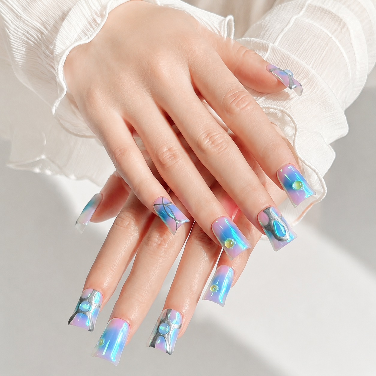 Handmade short duckbil aurora nails Y2K iridescent blue pink chrome futuristic 3D gel fake nails-Blue Prism A045