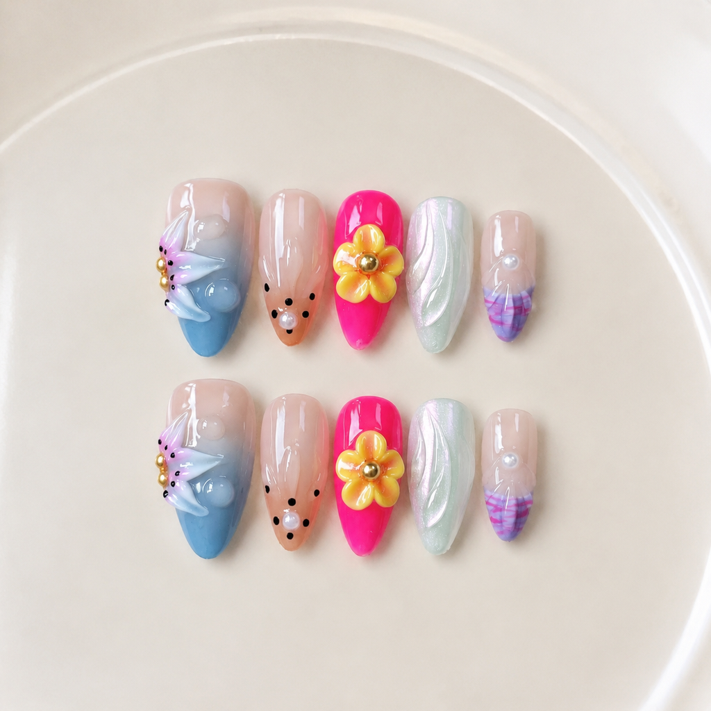 Handmade medium almond pastel candy blue pink cat eye glitter ombre false nails-Candy Garden A043