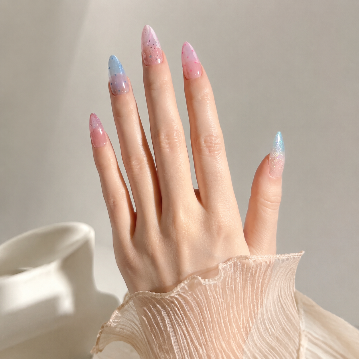Handmade medium almond pastel candy blue pink cat eye glitter ombre false nails-Candy Mist A042