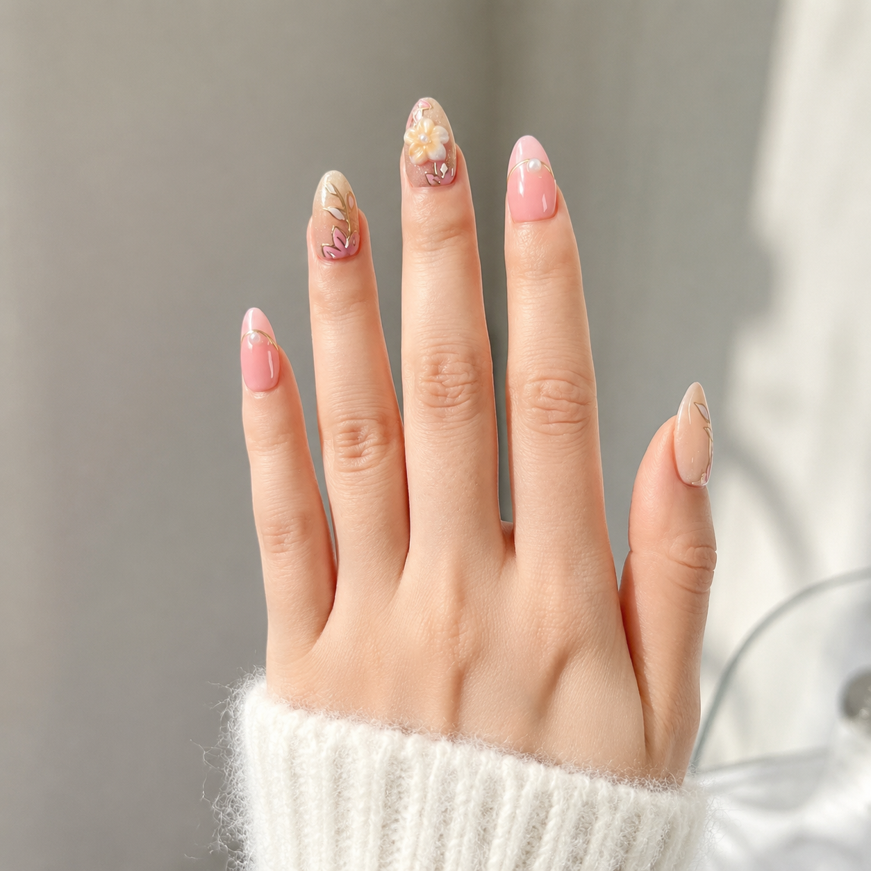 Handmade short almond rose gold blossom press on nails nude pink glitter almond nails 3D floral leaf design pearl accent elegant-Rose Garden A041