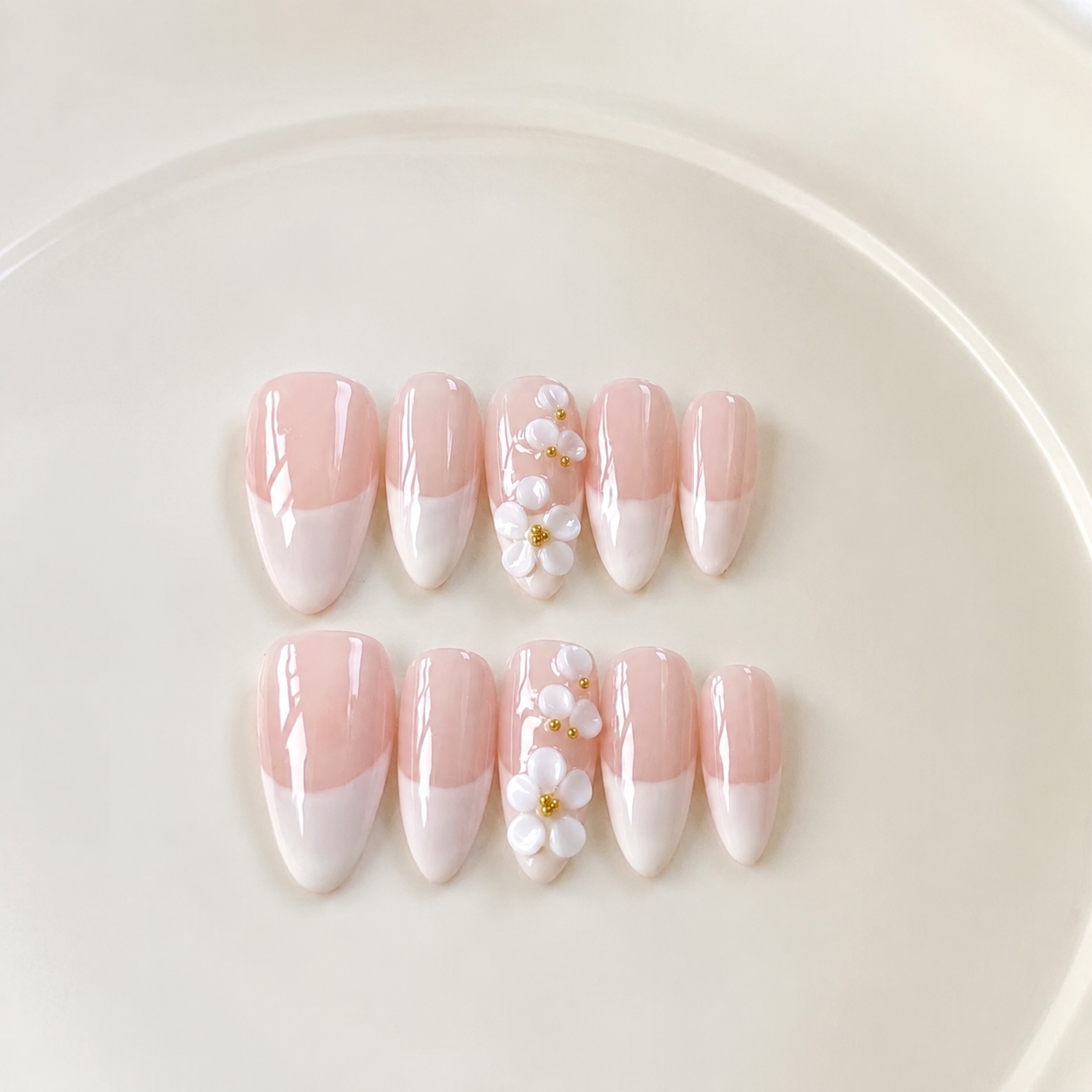 Handmade medium almond off white french tip 3D pearl flower accent elegant nude bridal nails gold bead minimalist-Milky Floral Tips A039