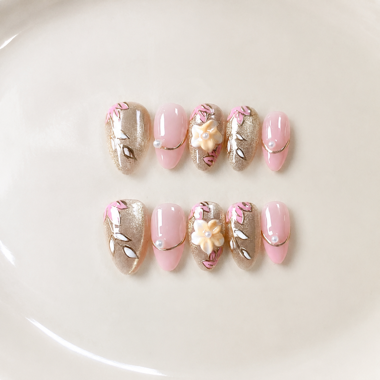Handmade short almond rose gold blossom press on nails nude pink glitter almond nails 3D floral leaf design pearl accent elegant-Rose Garden A041