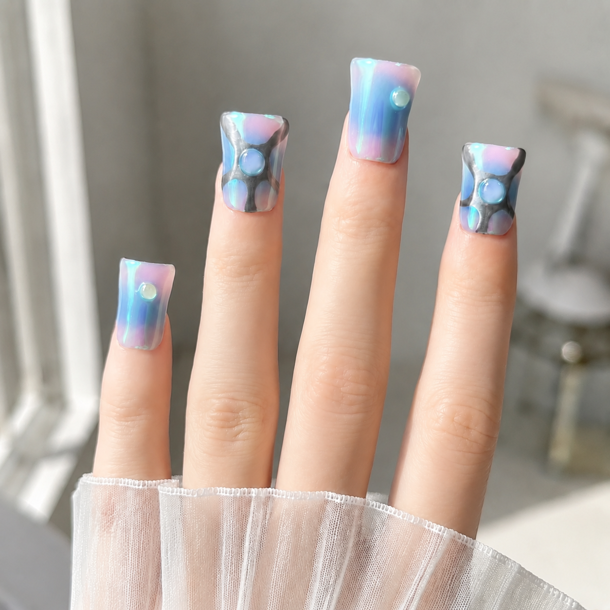 Handmade short duckbil aurora nails Y2K iridescent blue pink chrome futuristic 3D gel fake nails-Blue Prism A045