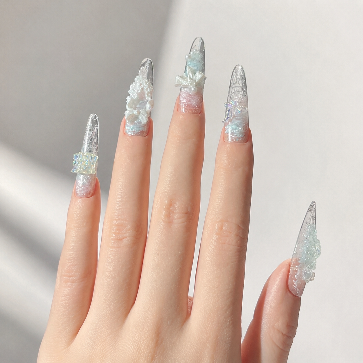 Handmade pastel blue pink glitter floral press on nails long stiletto 3D bow nail set-Ice Petal A040