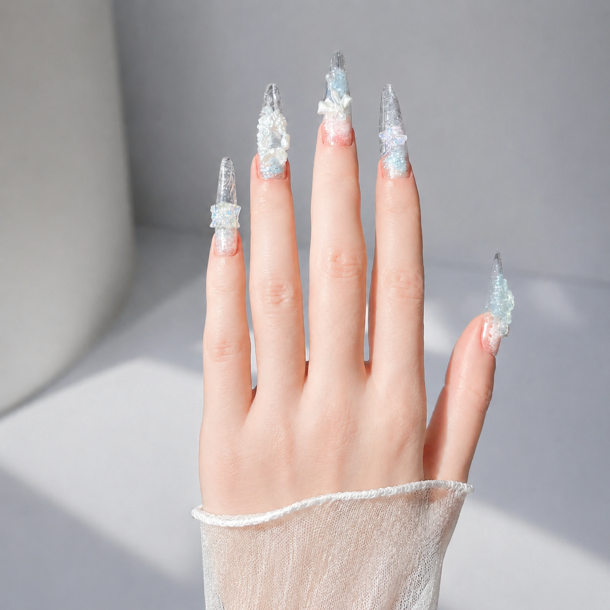 Handmade pastel blue pink glitter floral press on nails long stiletto 3D bow nail set-Ice Petal A040