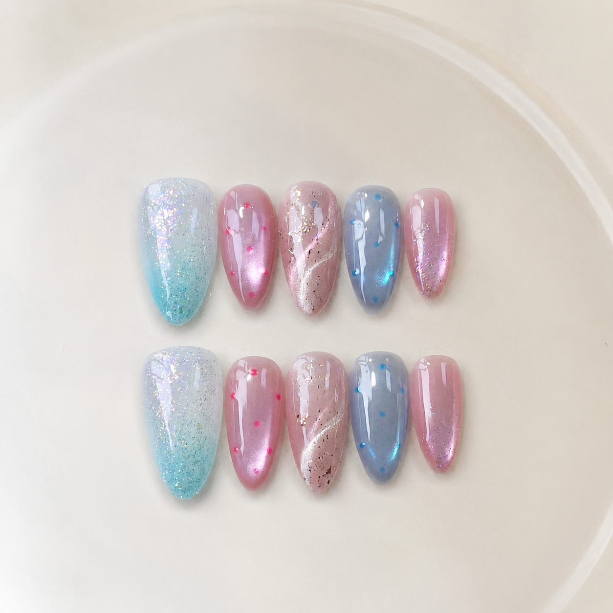 Handmade medium almond pastel candy blue pink cat eye glitter ombre false nails-Candy Mist A042
