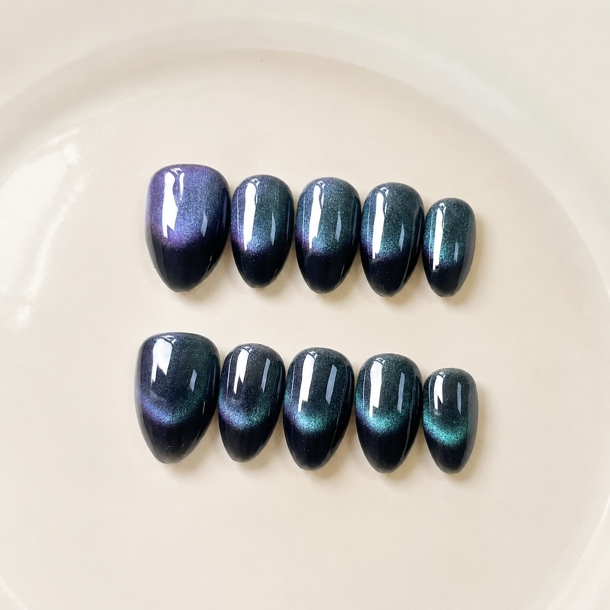 Handmade short almond green purple cat eye french tip press on nails, galaxy shimmer-Milky Way A046