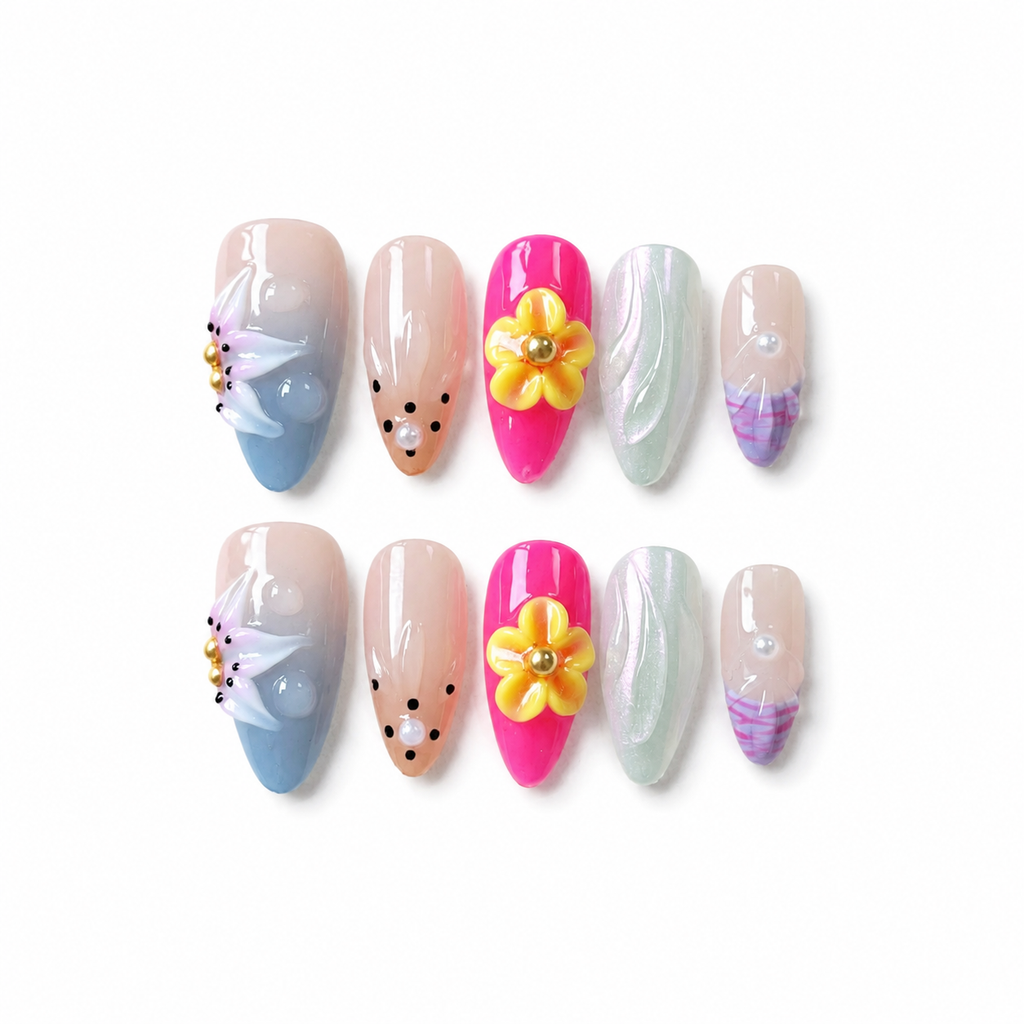 Handmade medium almond pastel candy blue pink cat eye glitter ombre false nails-Candy Garden A043