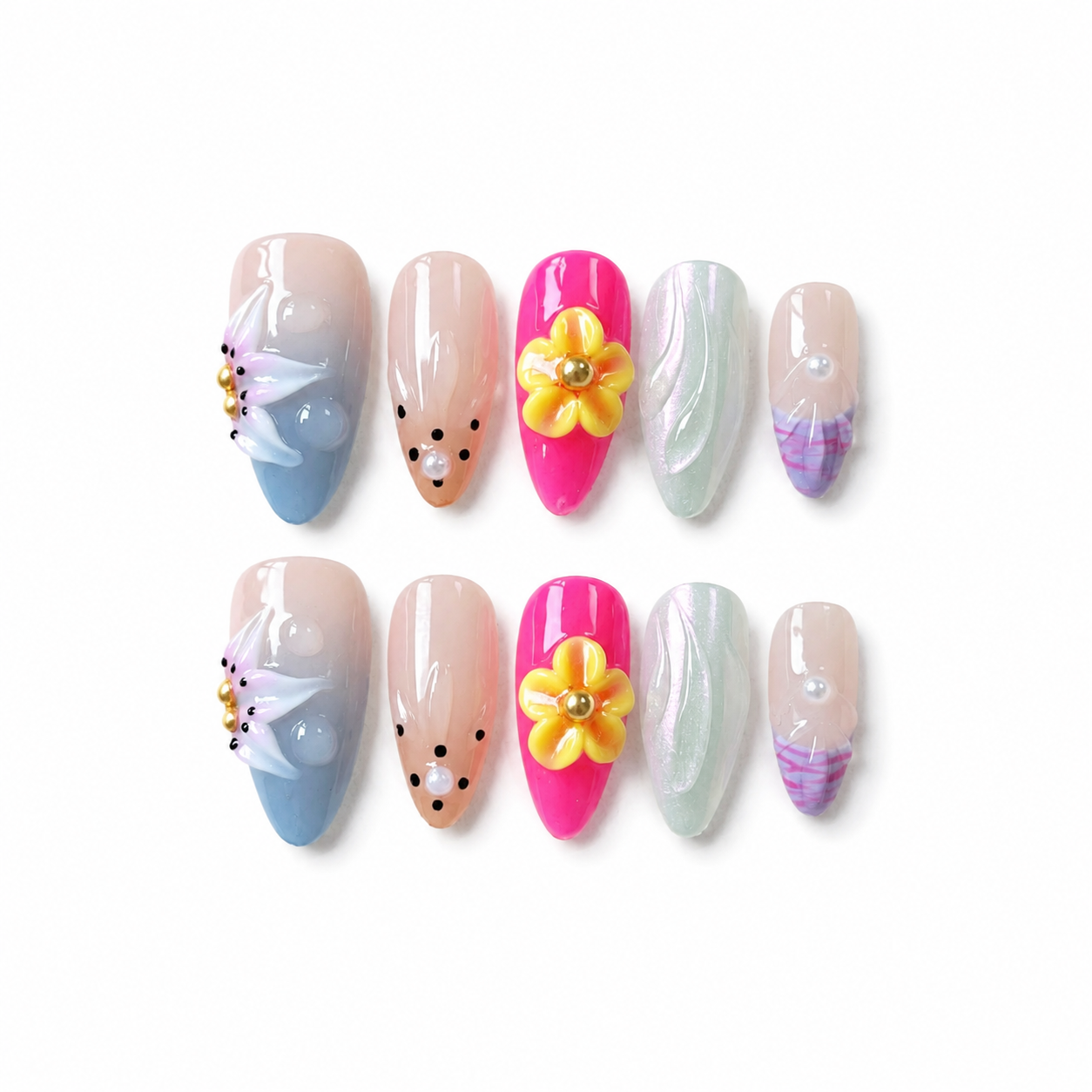 Handmade medium almond pastel candy blue pink cat eye glitter ombre false nails-Candy Garden A043