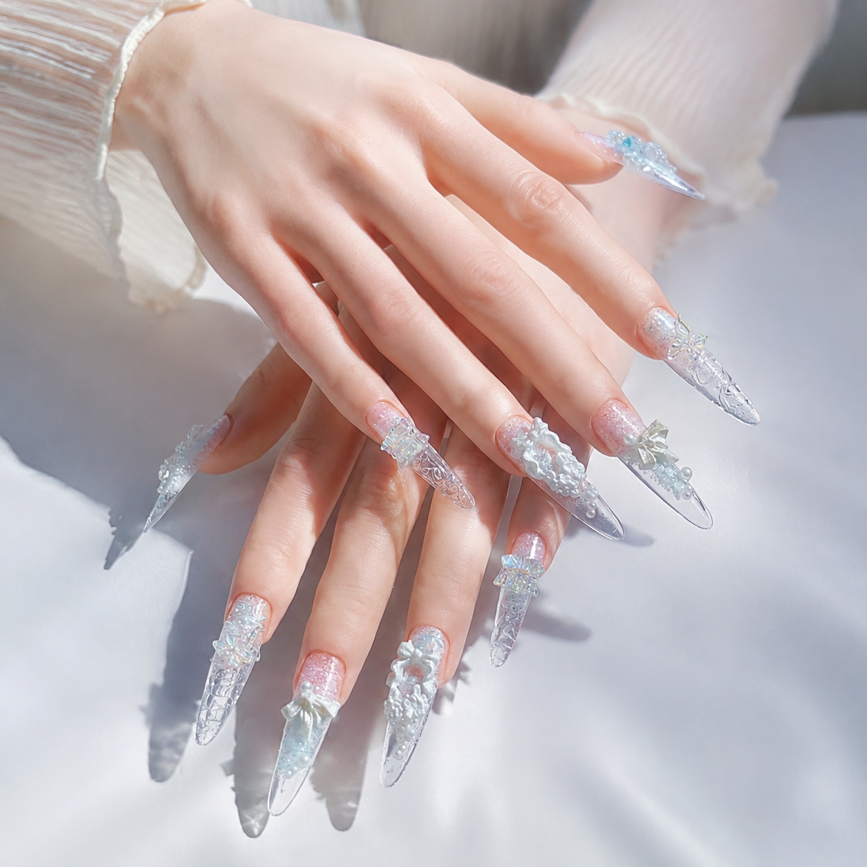 Handmade pastel blue pink glitter floral press on nails long stiletto 3D bow nail set-Ice Petal A040