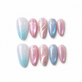 Handmade medium almond pastel candy blue pink cat eye glitter ombre false nails-Candy Mist A042