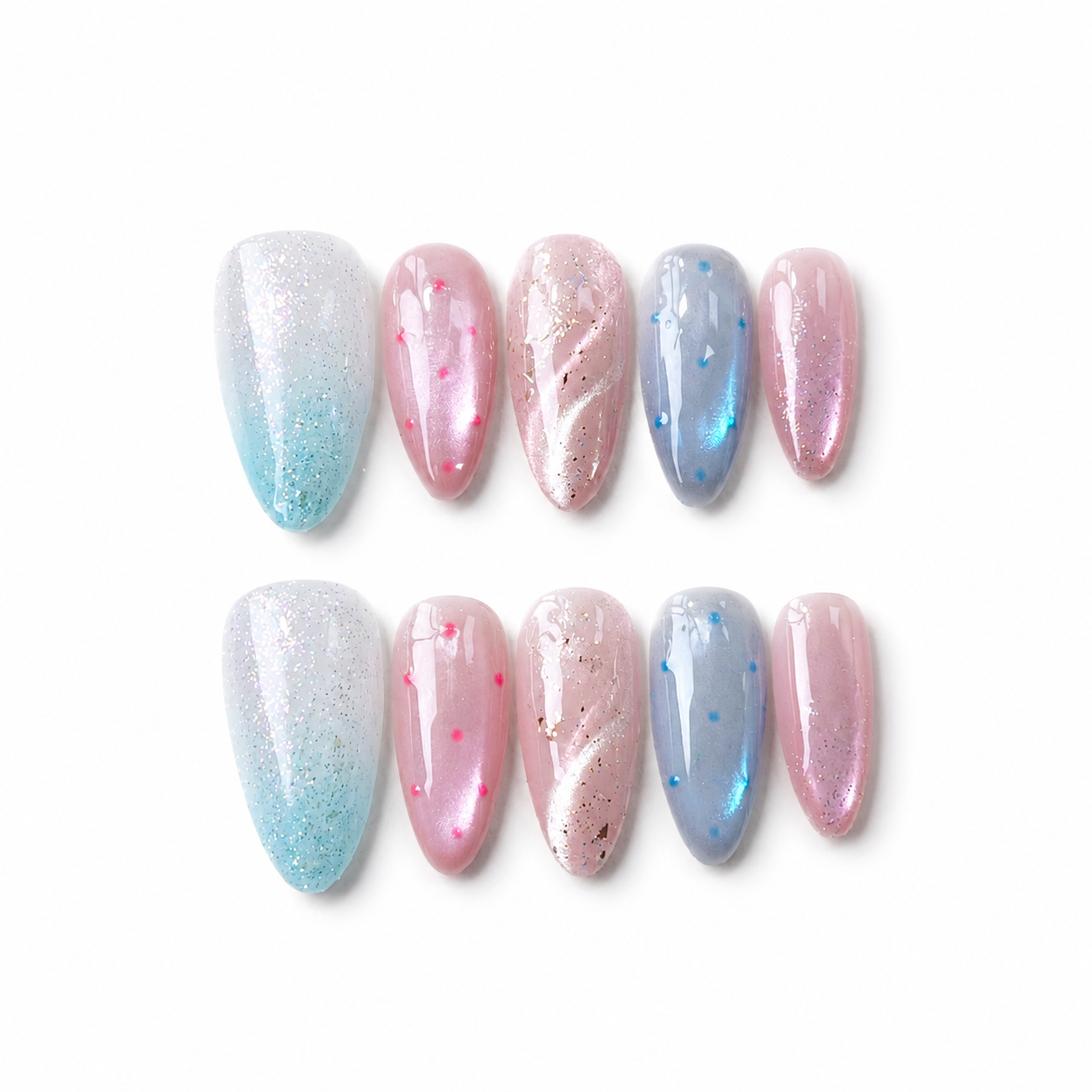 Handmade medium almond pastel candy blue pink cat eye glitter ombre false nails-Candy Mist A042