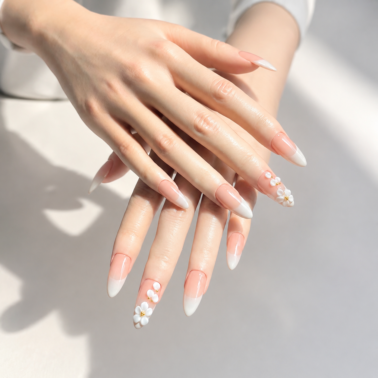 Handmade medium almond off white french tip 3D pearl flower accent elegant nude bridal nails gold bead minimalist-Milky Floral Tips A039