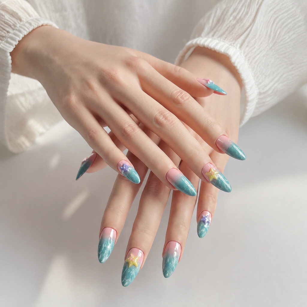 Handmade medium almond clean blue pink ombre and cat eye press on nails with 3D starfish summer-Ocean Pop A044