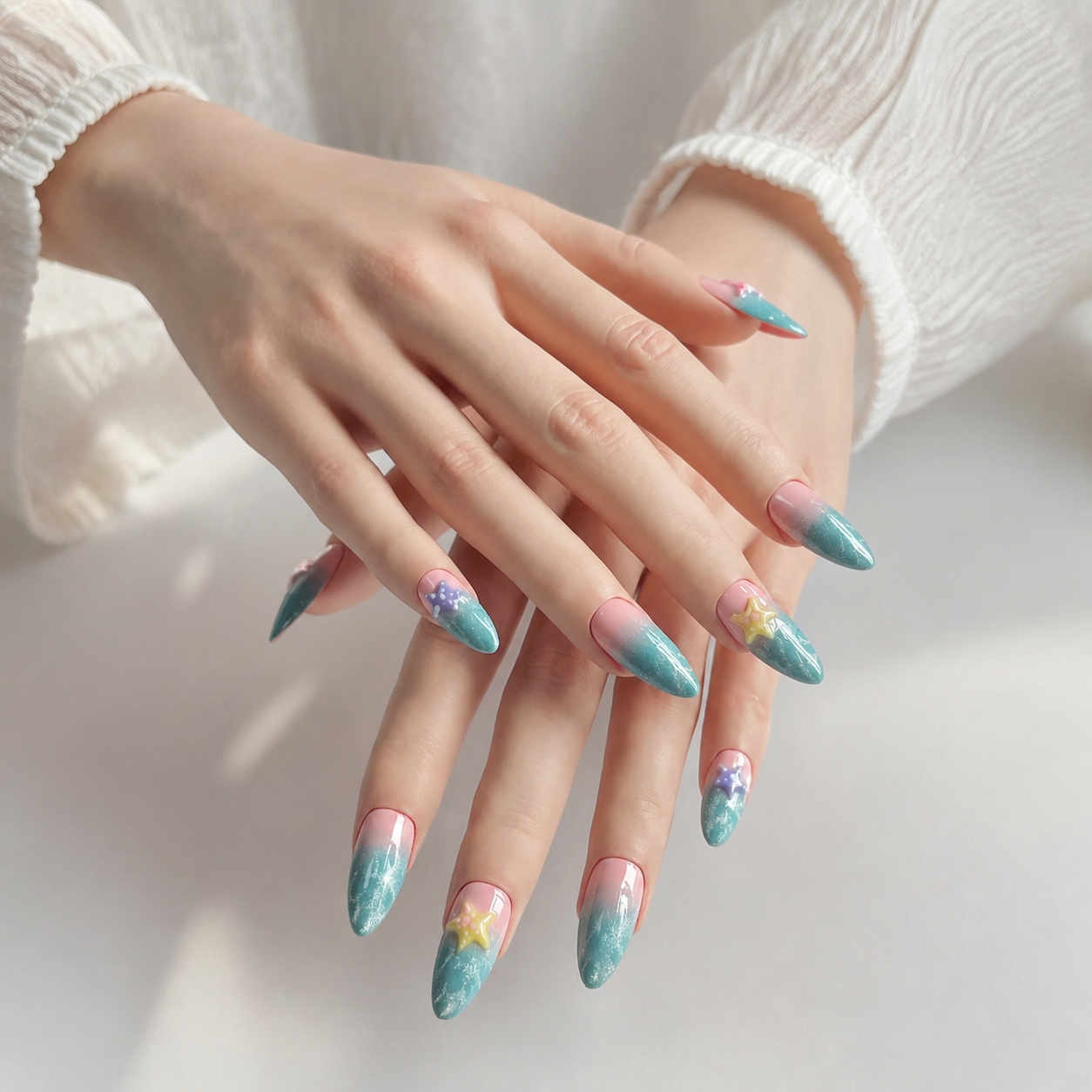 Handmade medium almond clean blue pink ombre and cat eye press on nails with 3D starfish summer-Ocean Pop A044