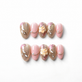 Handmade short almond rose gold blossom press on nails nude pink glitter almond nails 3D floral leaf design pearl accent elegant-Rose Garden A041