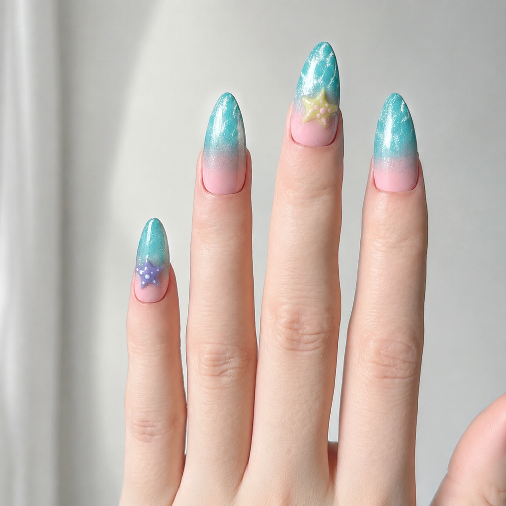 Handmade medium almond clean blue pink ombre and cat eye press on nails with 3D starfish summer-Ocean Pop A044