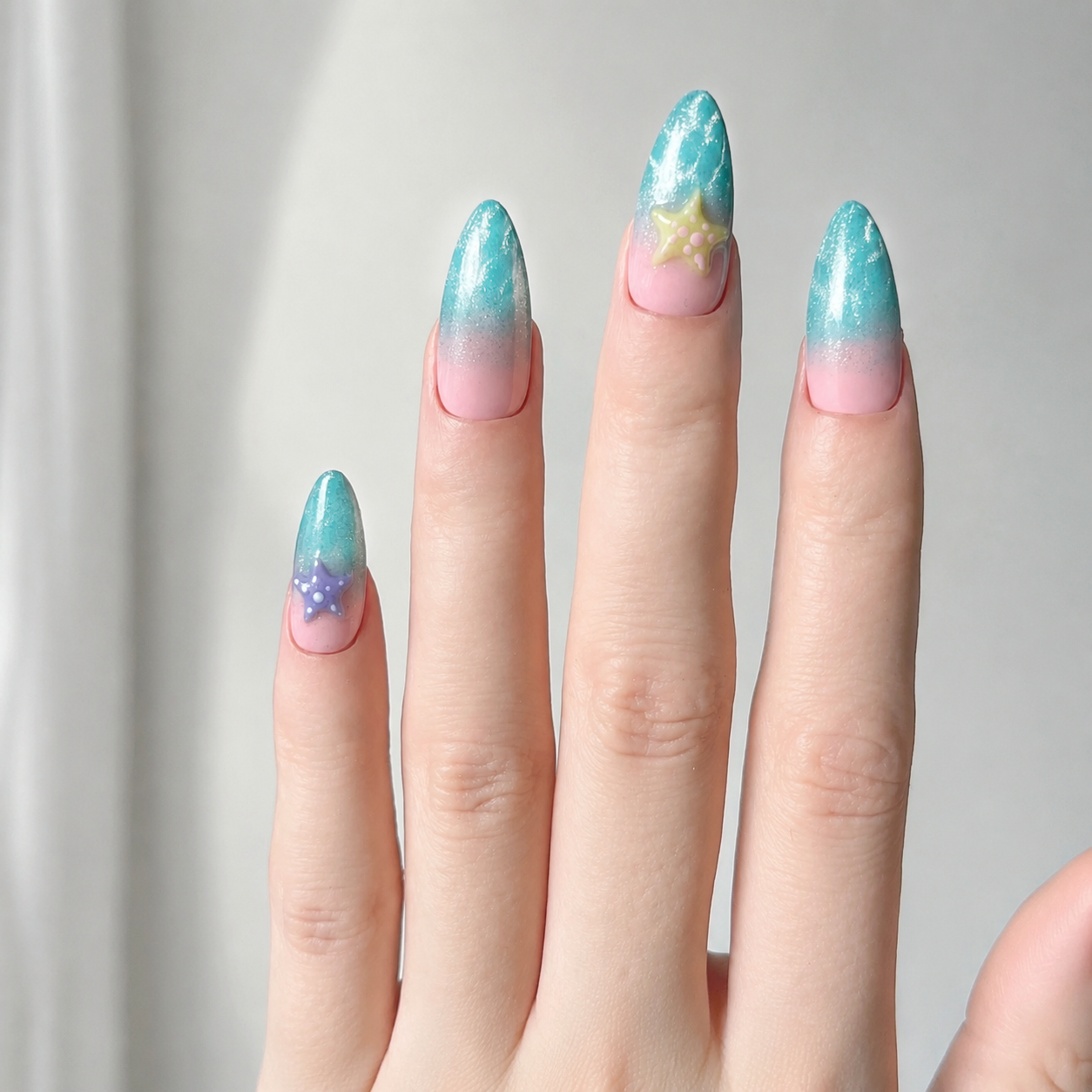 Handmade medium almond clean blue pink ombre and cat eye press on nails with 3D starfish summer-Ocean Pop A044