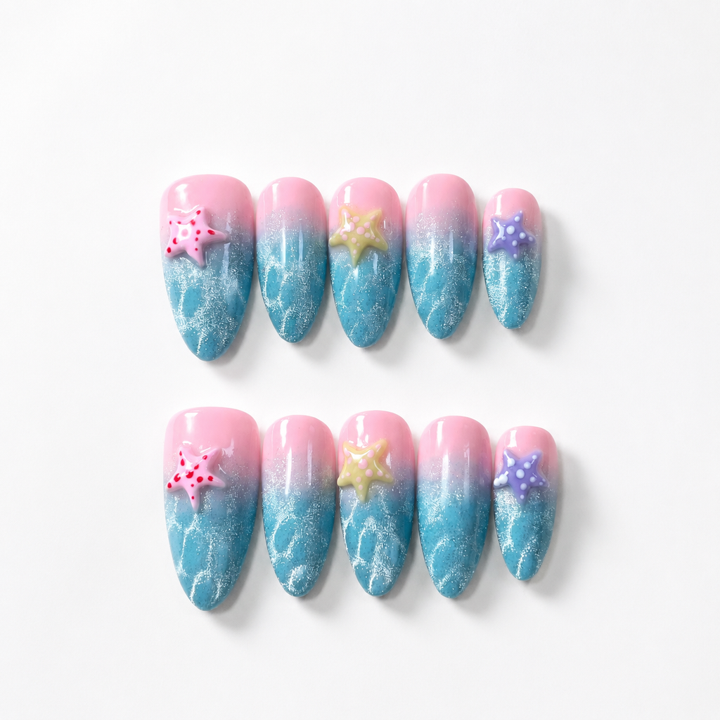 Handmade medium almond clean blue pink ombre and cat eye press on nails with 3D starfish summer-Ocean Pop A044