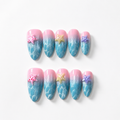 Handmade medium almond clean blue pink ombre and cat eye press on nails with 3D starfish summer-Ocean Pop A044