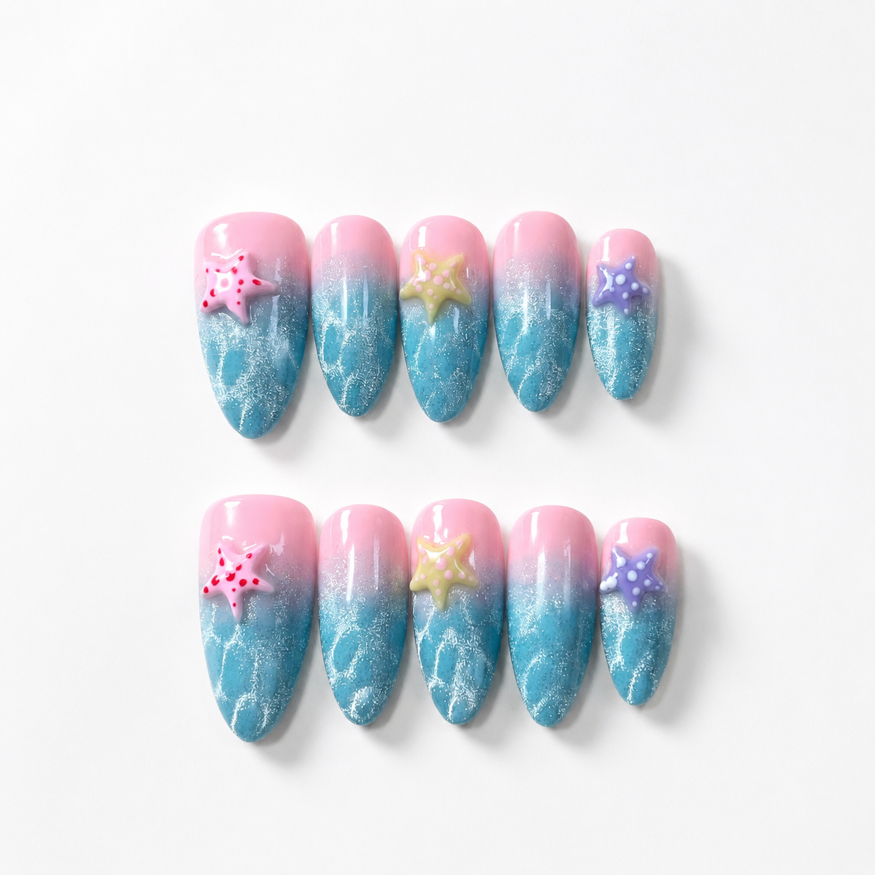 Handmade medium almond clean blue pink ombre and cat eye press on nails with 3D starfish summer-Ocean Pop A044