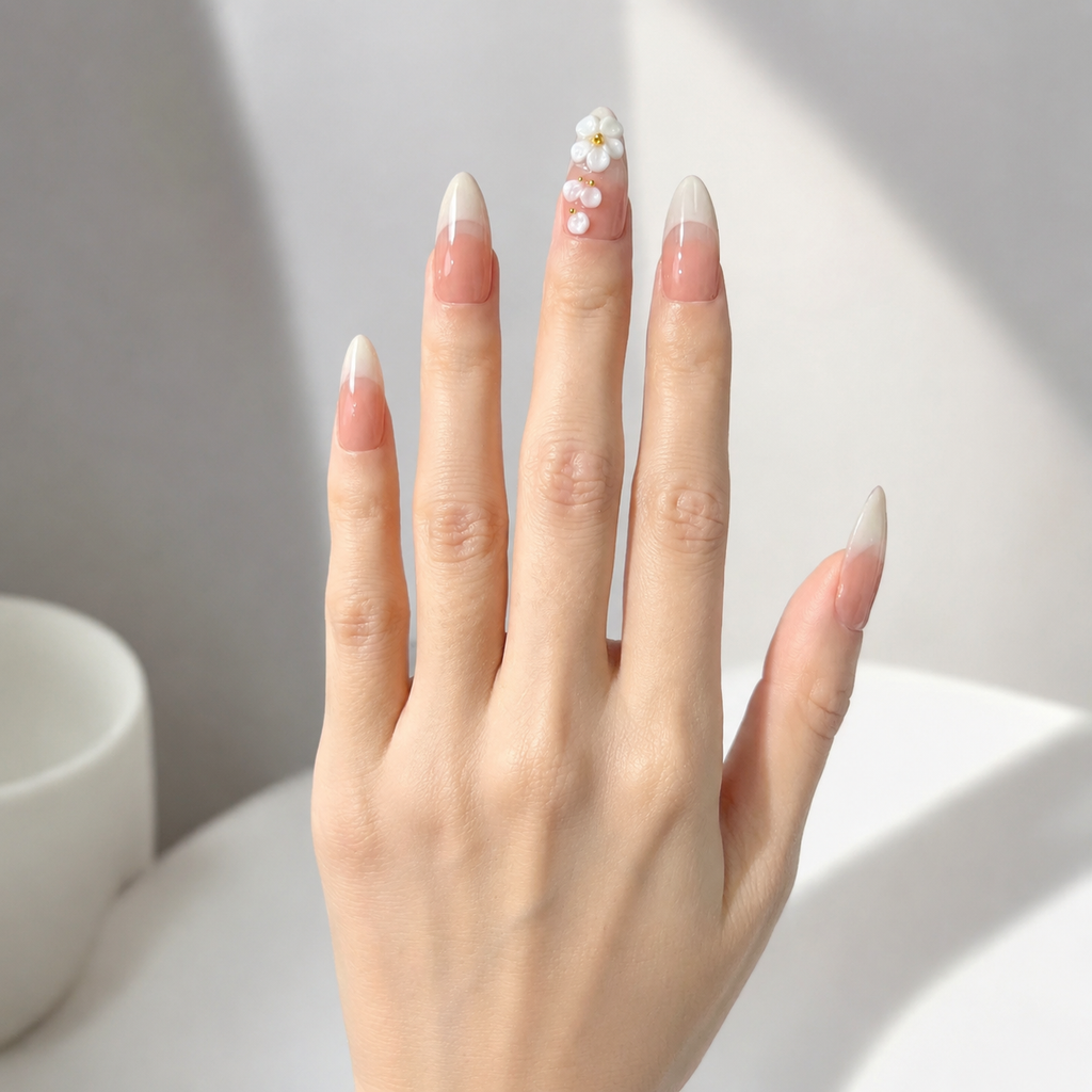 Handmade medium almond off white french tip 3D pearl flower accent elegant nude bridal nails gold bead minimalist-Milky Floral Tips A039