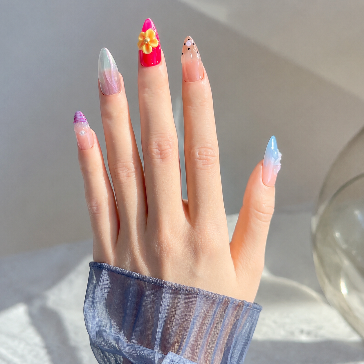 Handmade medium almond pastel candy blue pink cat eye glitter ombre false nails-Candy Garden A043