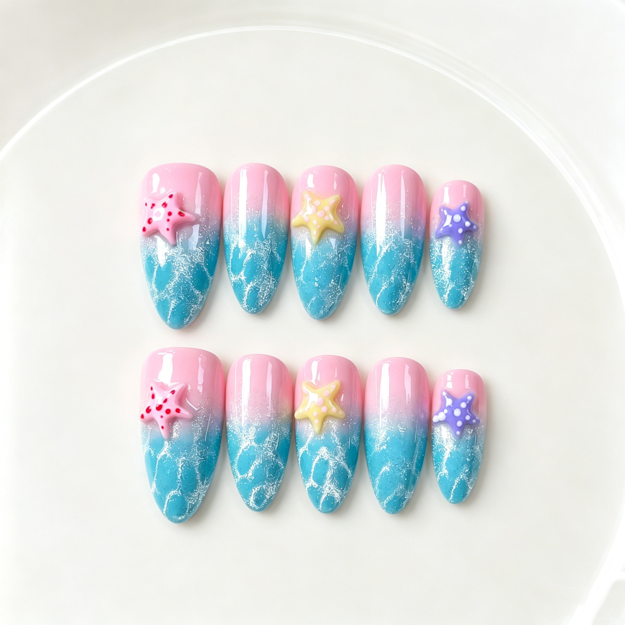 Handmade medium almond clean blue pink ombre and cat eye press on nails with 3D starfish summer-Ocean Pop A044