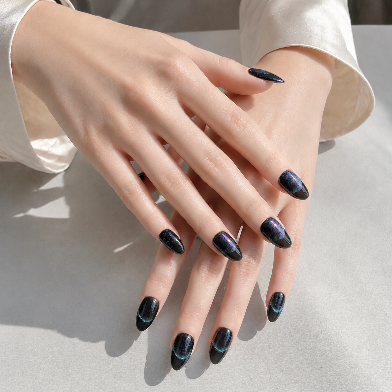 Handmade short almond green purple cat eye french tip press on nails, galaxy shimmer-Milky Way A046