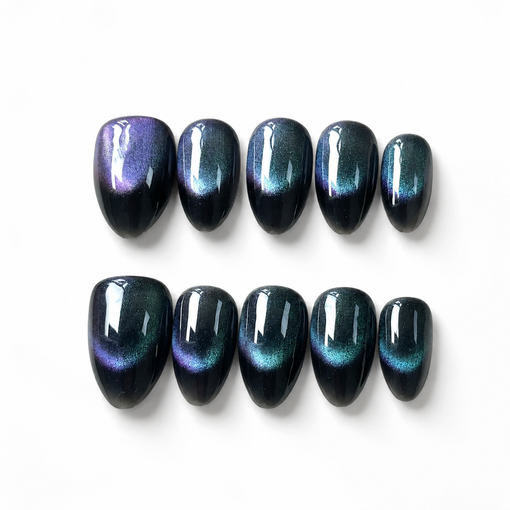 Handmade short almond green purple cat eye french tip press on nails, galaxy shimmer-Milky Way A046