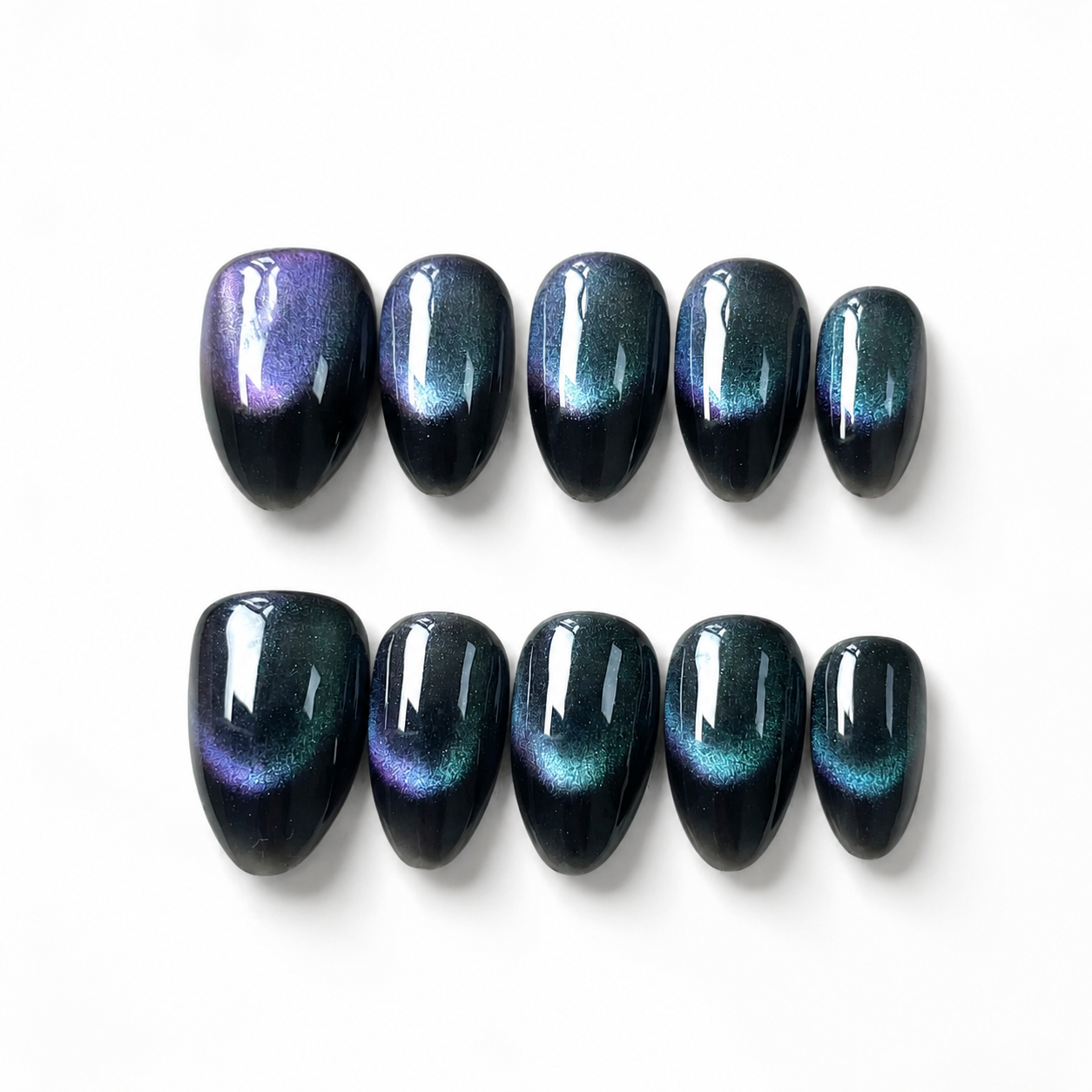 Handmade short almond green purple cat eye french tip press on nails, galaxy shimmer-Milky Way A046