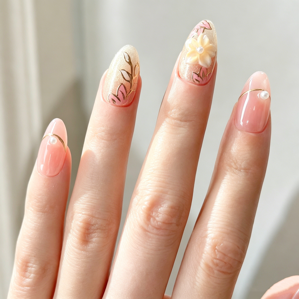 Handmade short almond rose gold blossom press on nails nude pink glitter almond nails 3D floral leaf design pearl accent elegant-Rose Garden A041