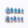 Handmade short duckbil aurora nails Y2K iridescent blue pink chrome futuristic 3D gel fake nails-Blue Prism A045