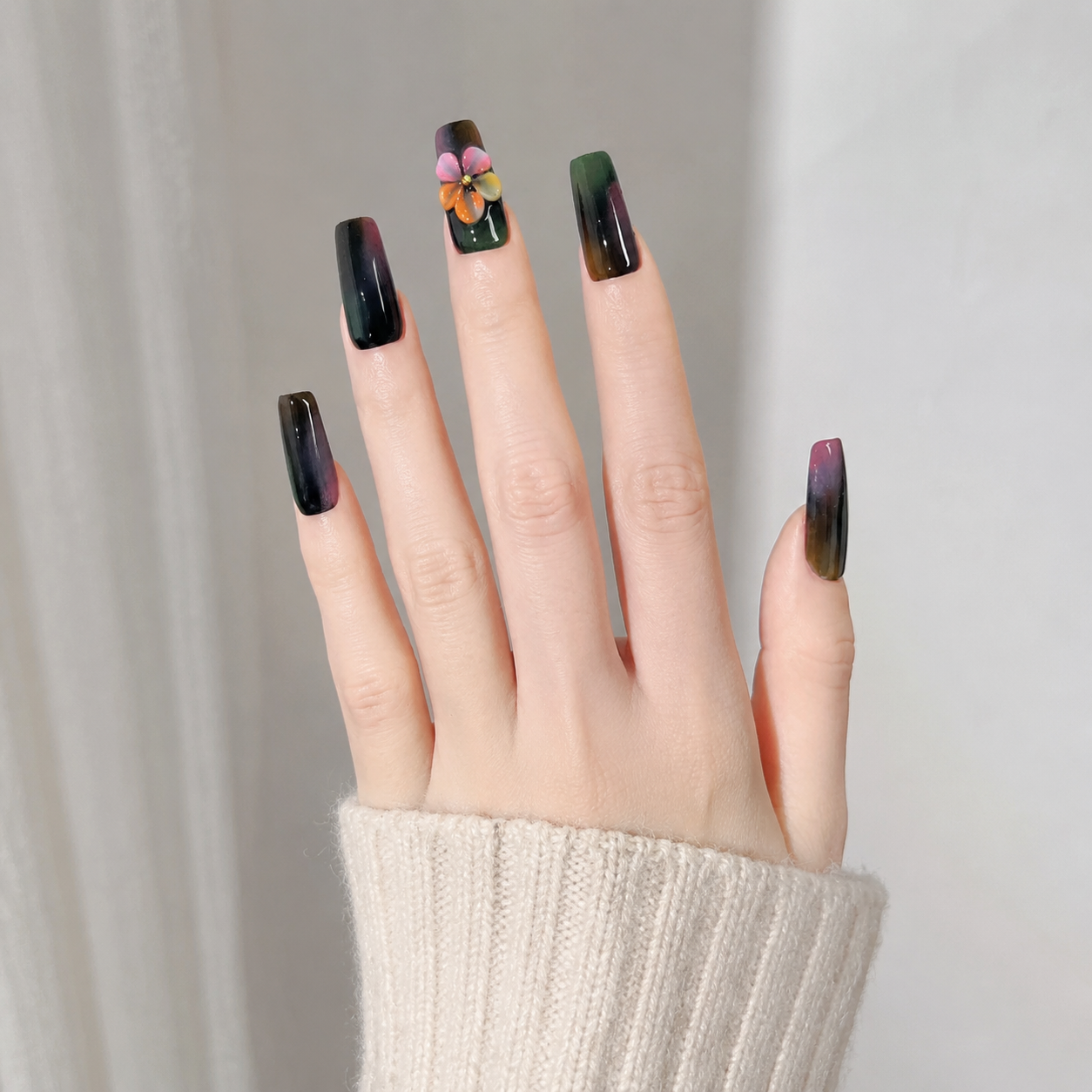 Handmade black neon graffiti press on nails medium coffin  pink green abstract swirl with 3D flower accent-Punk Graffiti A056