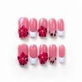 Handmade medium coffin pink blossom 3D floral french tip oress on nails hand painted pink white french manicure nails-Berry Flower A048
