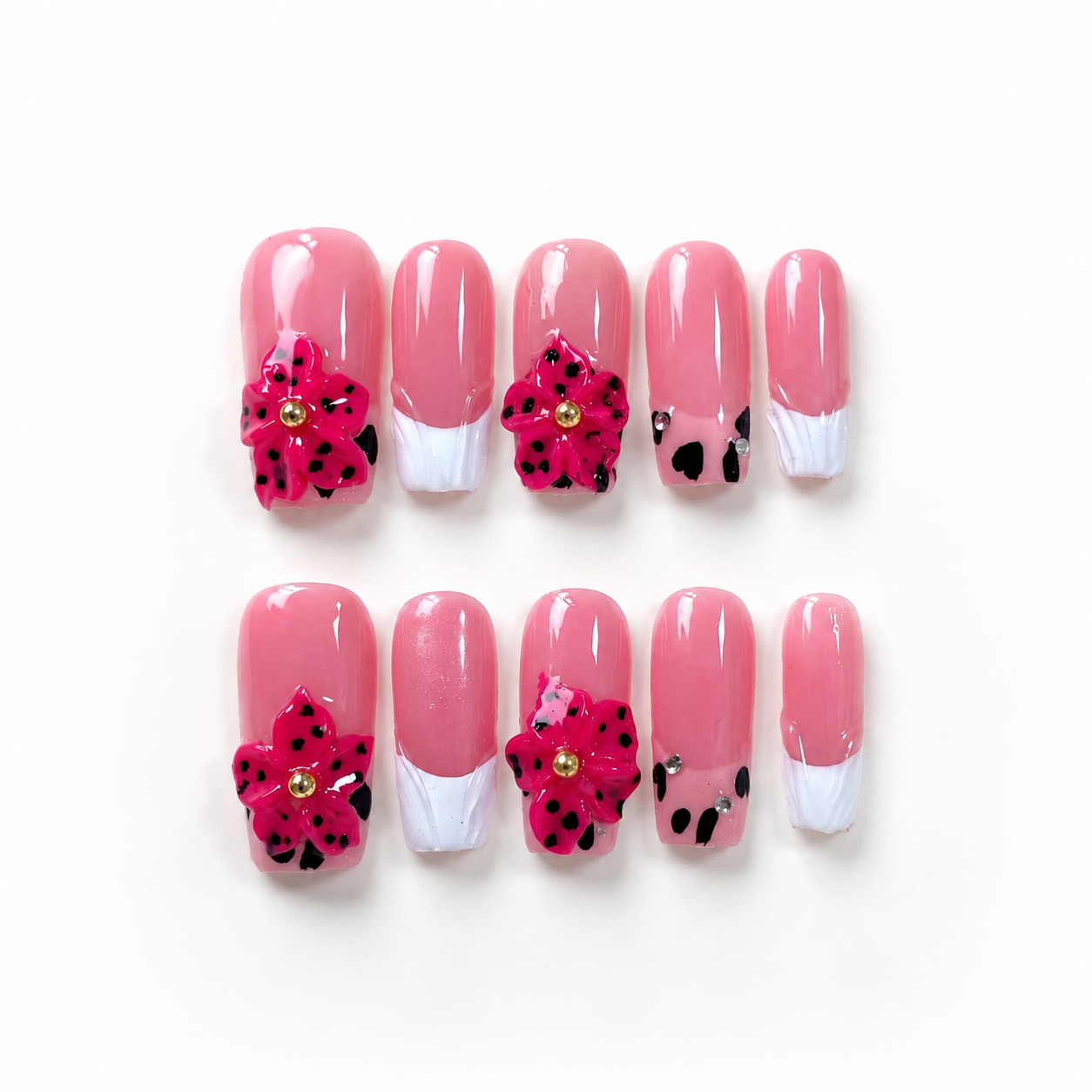Handmade medium coffin pink blossom 3D floral french tip oress on nails hand painted pink white french manicure nails-Berry Flower A048