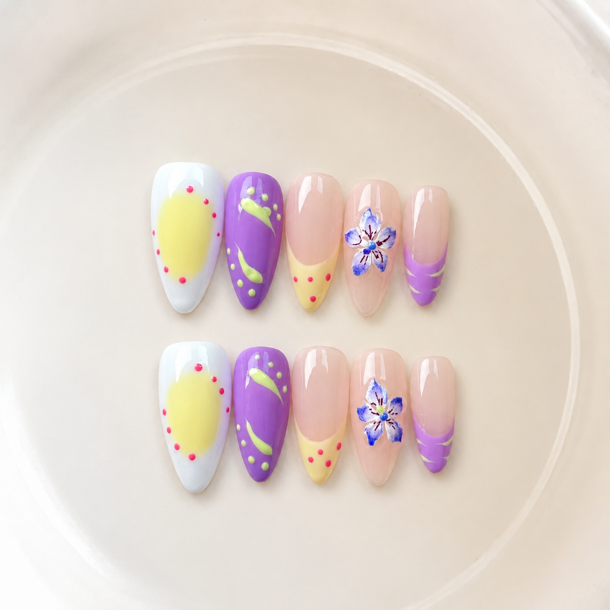Handmade medium almond spring pastel polka dot french tip press on nails 3D floral-Pastel Pop A052