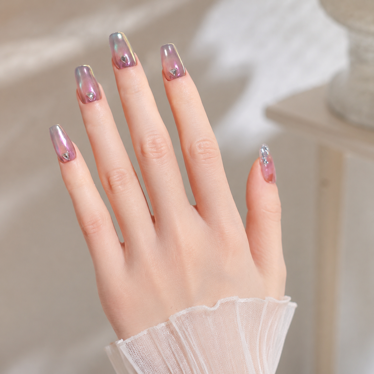 Handmade short coffin pink purple cat eye short trapezoid shape aurora iridescent chrome gradient false nails-Pink Opal A055