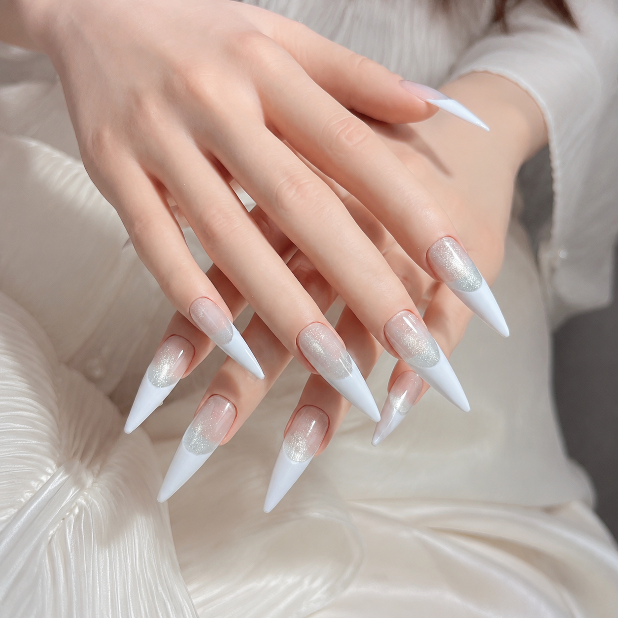 Handmade silver grey cat eye press on nails long stiletto white french tip-Silver Frost A054