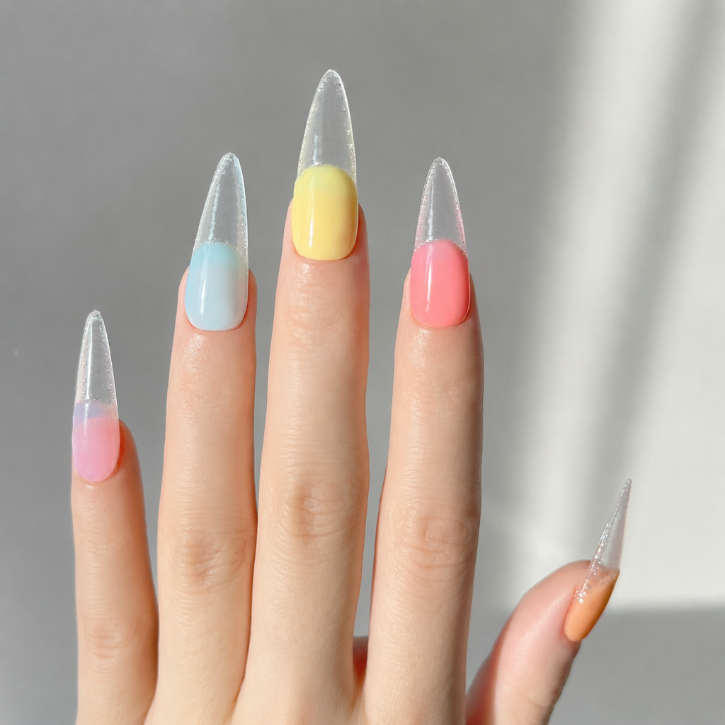 Handmade candy color french tip medium stiletto shape  transparent gradient rainbow pastel nail set-Rainbow A047