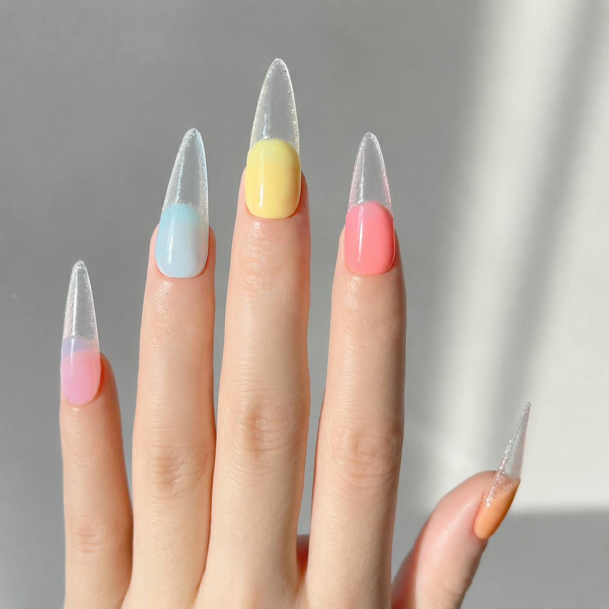 Handmade candy color french tip medium stiletto shape  transparent gradient rainbow pastel nail set-Rainbow A047