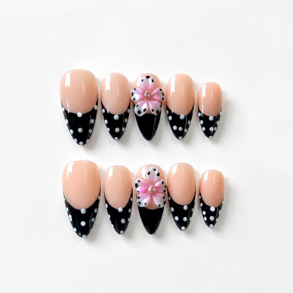 Handmade Nude Polka Dot French Press On Nails Medium Almond, Black French Tip with 3D Flower Accent-Dot Garden A051