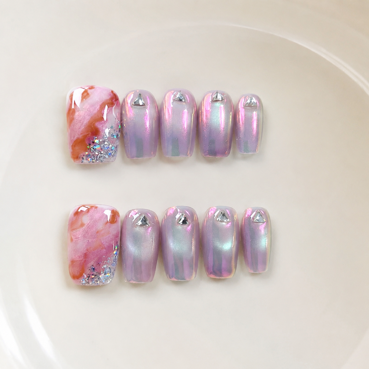Handmade short coffin pink purple cat eye short trapezoid shape aurora iridescent chrome gradient false nails-Pink Opal A055