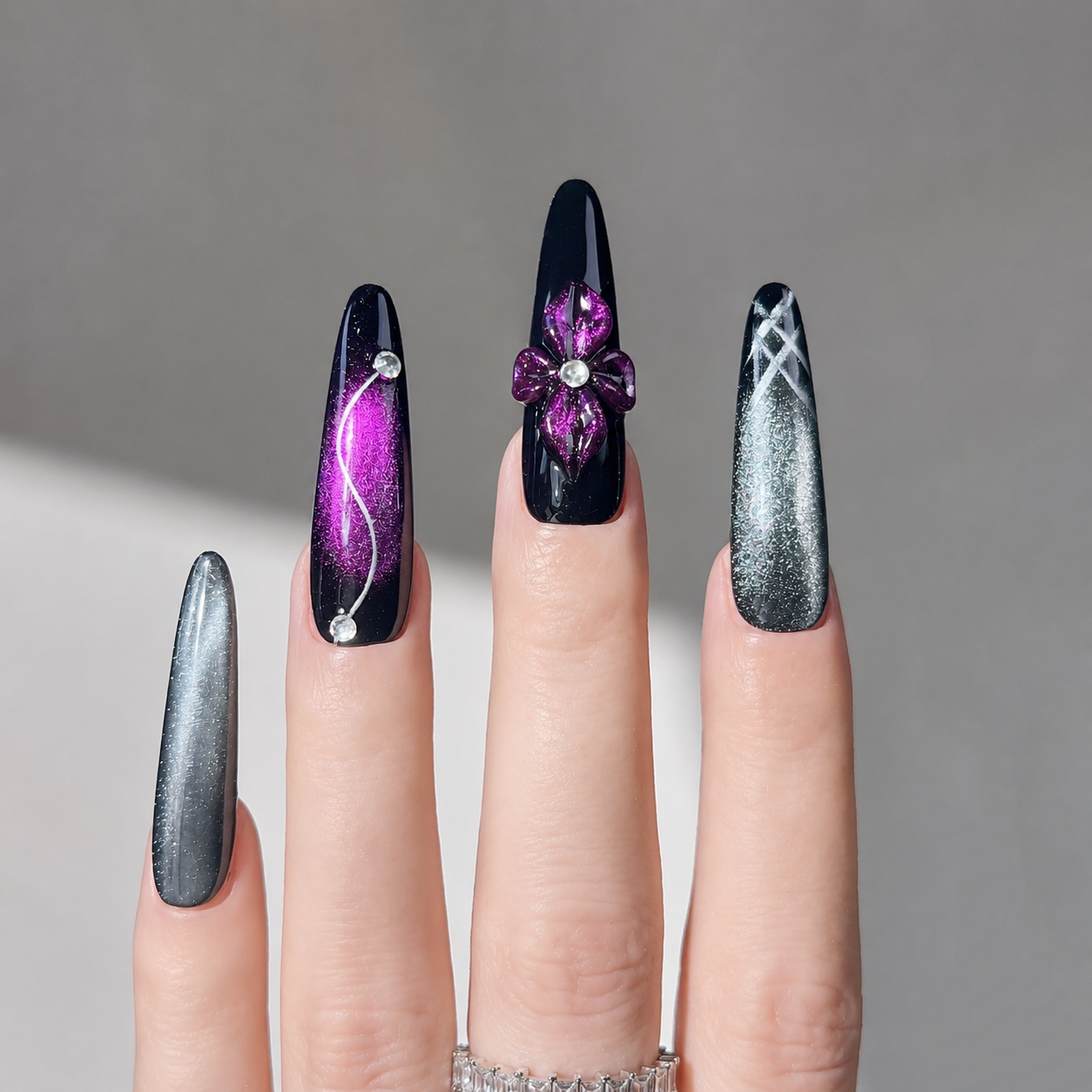 Handmade gothic cat eye long stiletto black purple orange aura false nails dark Y2K 3D handmade luxe nail set-Midnight Gothic A050