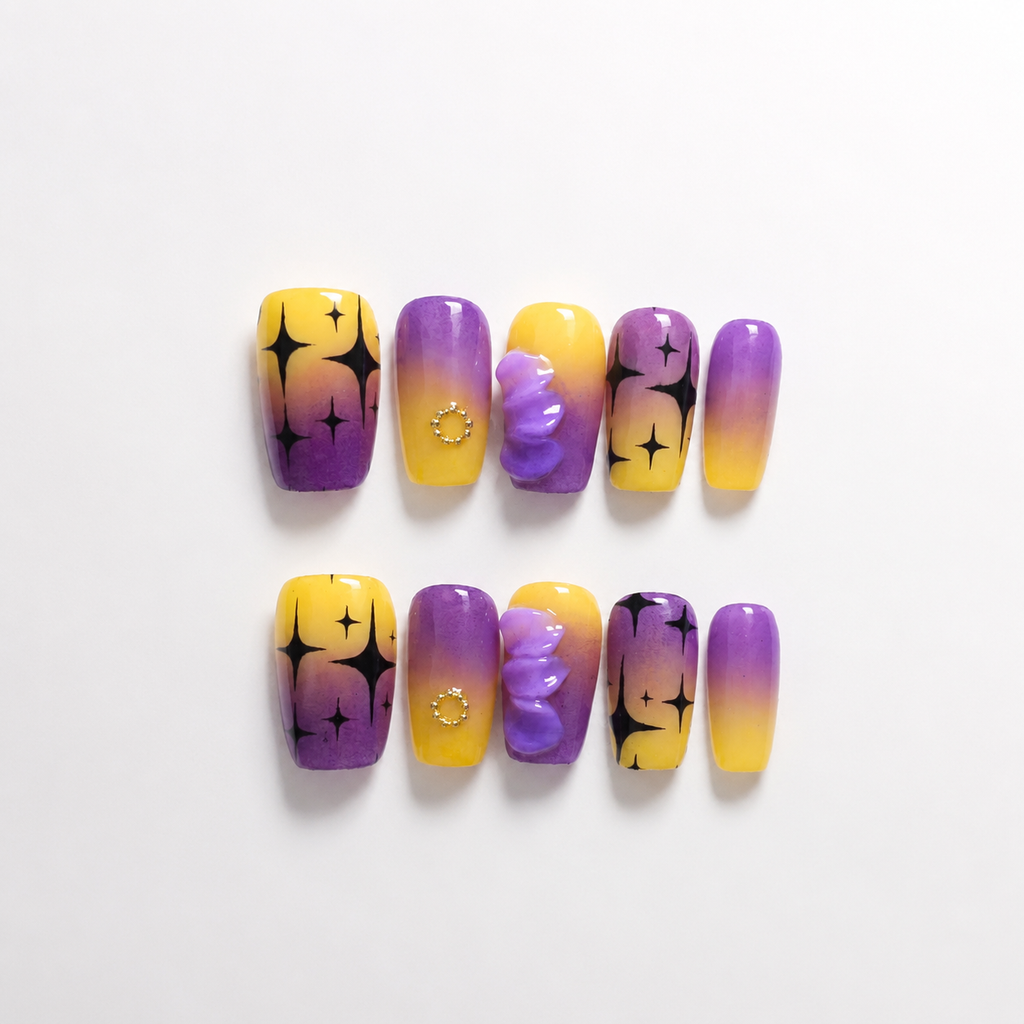 Handmade short coffin celestial starburst press on nails yellow purple ombre short coffin nails 3D floral accent handmade fake nails-Neon Star A049