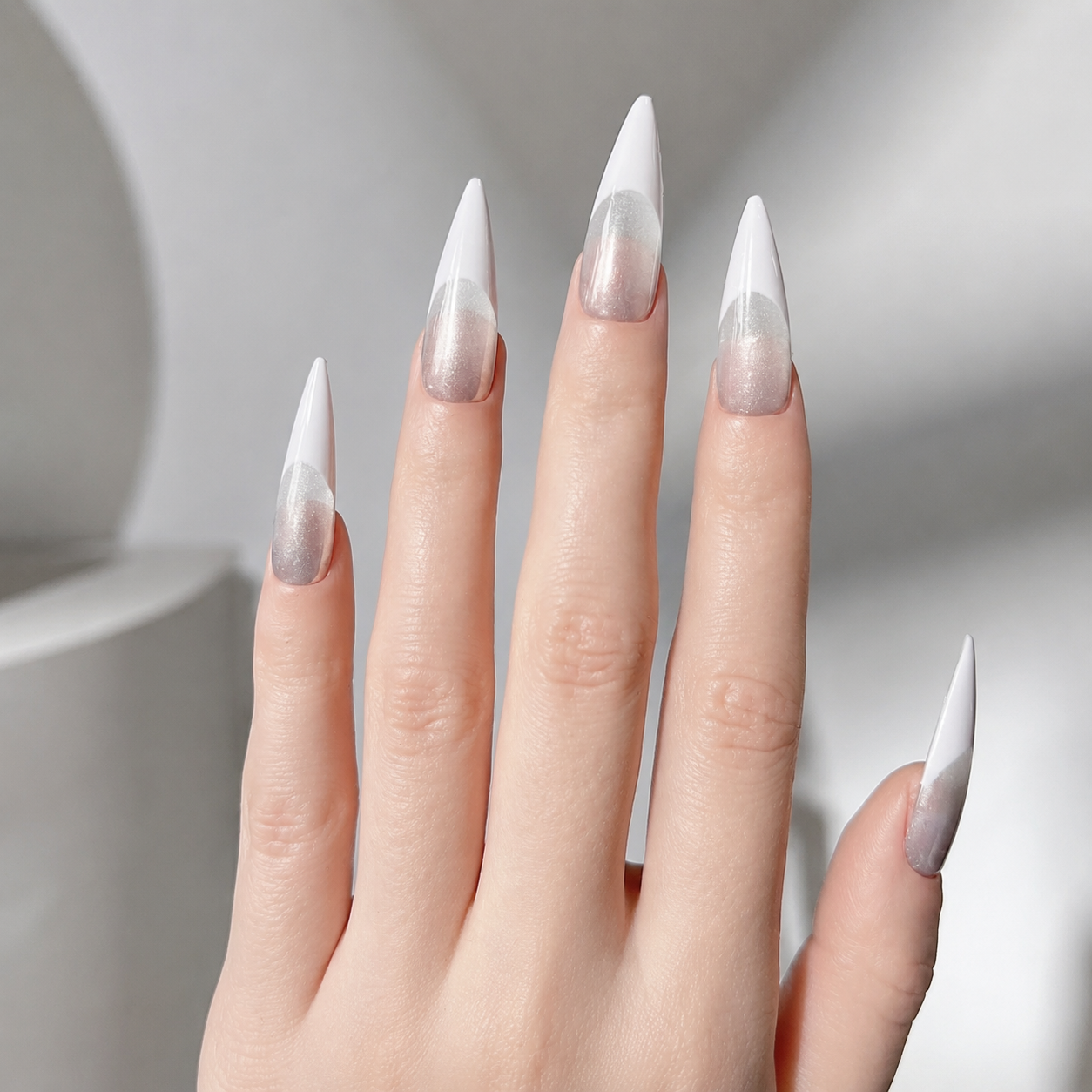 Handmade silver grey cat eye press on nails long stiletto white french tip-Silver Frost A054