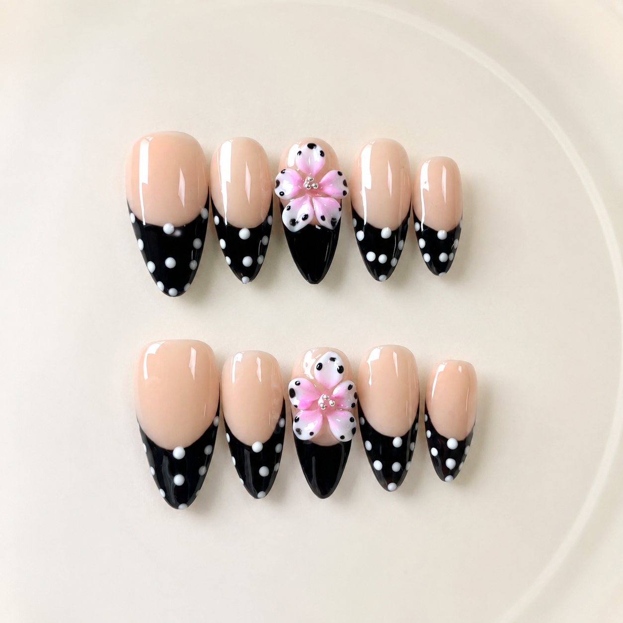 Handmade Nude Polka Dot French Press On Nails Medium Almond, Black French Tip with 3D Flower Accent-Dot Garden A051