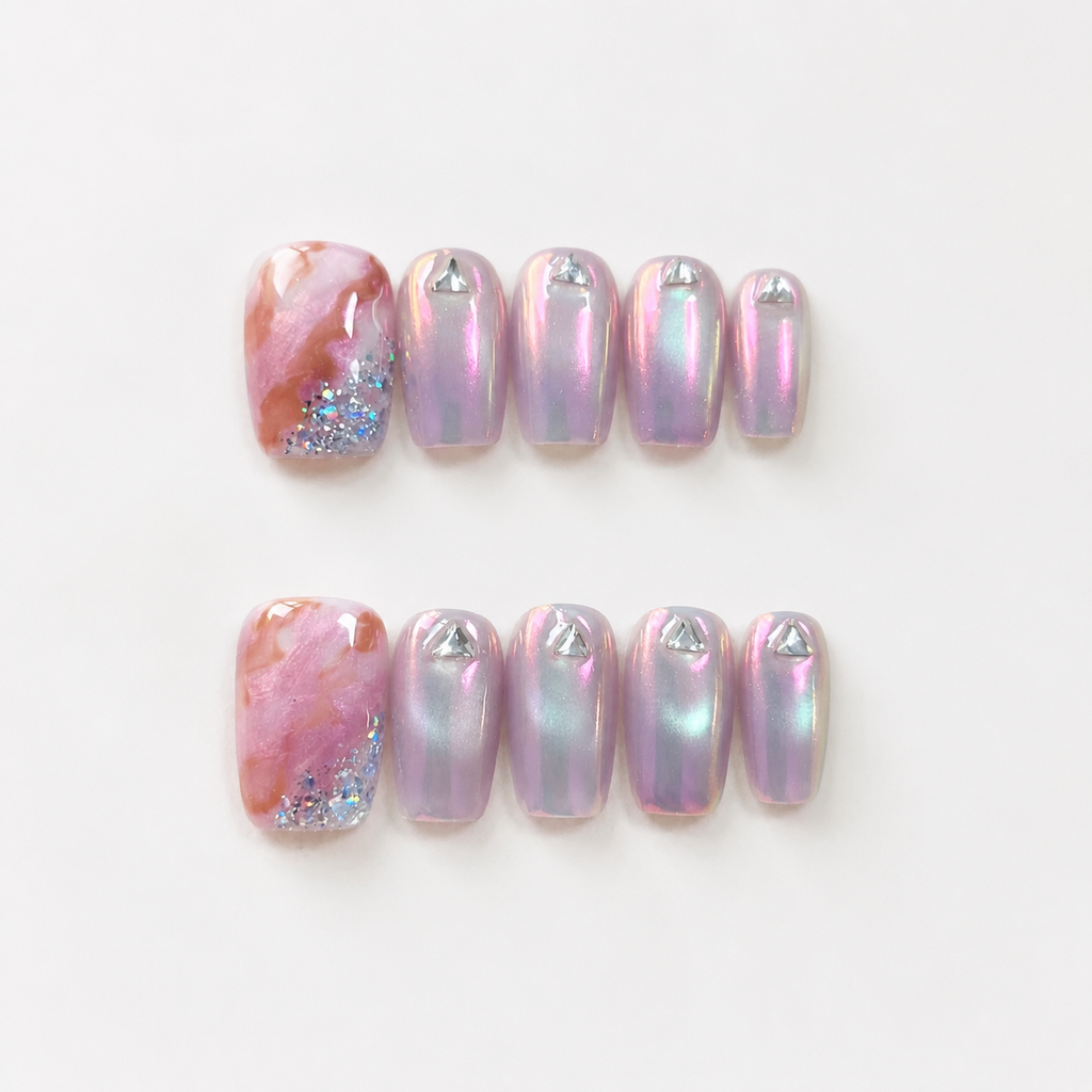 Handmade short coffin pink purple cat eye short trapezoid shape aurora iridescent chrome gradient false nails-Pink Opal A055